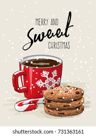 Christmas theme, Christmas theme, red cup of coffee with red ribbon and stack of cookies an candy cane, with text Merry ans sweet Christmas on bright background, vector illustration, eps 10 with