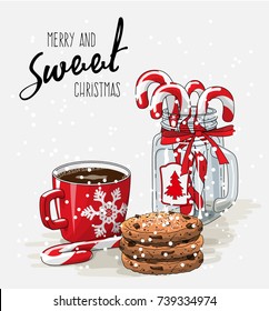 Christmas theme, Christmas theme, red cup of coffee with red ribbon, stack of cookies and candy canes in glass jar, with text Merry and sweet Christmas on bright background, vector illustration, eps