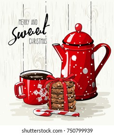 Christmas theme, Christmas theme, red cup of coffee, candy cane, stack of cookies and tea pot, with text Merry and sweet Christmas on bright background, vector illustration, eps 10 with transparency