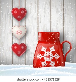 Christmas theme, red cup in snow with cute decoration in front of gray wooden wall, illustration
