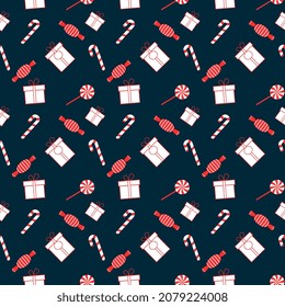 Christmas theme repeat pattern  illustration with element like gift box, candy cane, candy, lollipop, Hand drawn vector repeat pattern for textile, fabric, gift wrapper, cloths, wallpaper and banner.
