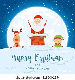 Christmas theme with Santa in the chimney on the Moon background. Reindeer and cute elf by the chimney on the roof. Text Merry Christmas and Happy New Year on snow,  illustration.