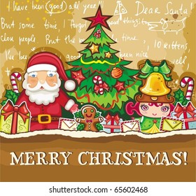 Christmas theme: Santa Claus, cute little girl and lots of holiday decorations.