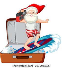 Christmas theme with Santa surfing in a luggage on white background illustration