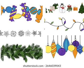 Navidades tema sin fisuras conjunto de bordes. Ilustración de tinta de línea gráfica de Vector. Plantilla con Elementos navideños. Perfecto para tarjetas, decoraciones, pegatinas, logotipo, menú, varios diseños.
