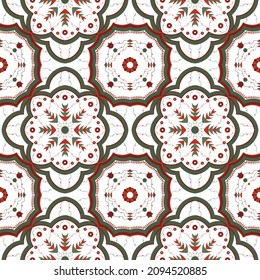 Tema navideño sin fisuras, mosaico geométrico en la baldosa, patrón marroquí africano. Alfombra étnica. Estilo azteca, mayólica. Interior antiguo. Alfombra asiática. Ornamento vectorial tribal.