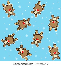 christmas theme seamless pattern with cute baby reindeer with snow and stars on blue background, design for children