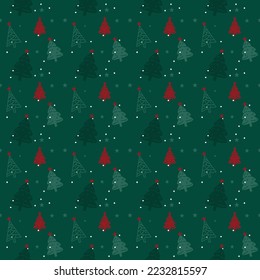 Christmas theme seamless pattern on green, flat vector.