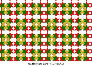 Christmas theme, seamless pattern of stars and round shapes in red, green and gold colors with shadow, white background, paper art style. Flat design vector for wallpaper, gift wrap paper, tile prints