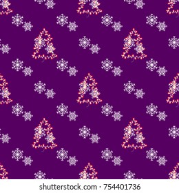 Christmas theme seamless pattern with Xmas tree made of garland and snowflakes. Vector illustration isolated on purple background
