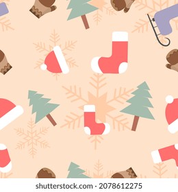  Christmas theme seamless repeat pattern created with elements like gloves, socks, Christmas tree ski skates, Hand drawn vector pattern swatch for textile, fabric, gift wrapper, packaging and backdrop