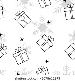  Christmas theme seamless repeat pattern created with elements like gift box, sparkling star and snowflakes, Hand drawn vector pattern swatch for textile, fabric, gift wrapper, packaging and Backdrop.