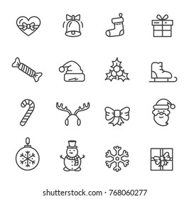 Christmas theme set of icons isolated on white background. Vector illustration with heart decorated with bow, ringing bell and cute smiling snowman