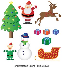 Christmas theme set. Images of Santa Claus, christmas elf, christmas tree, boxes with presents, snowman, sleigh.