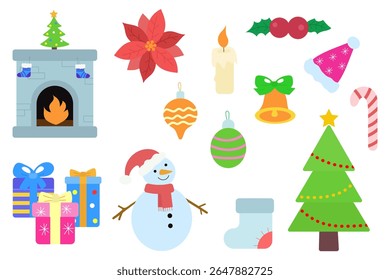 Christmas theme set isolated on white background. Vector illustration for card, invitations and christmas decor. Christmas tree, snowman, gift box, fireplace, new year decor.