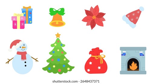 Christmas theme set isolated on a white background. Vector illustration for card, invitations and christmas decor. Christmas tree, snowman, gift box, fireplace, gift bag, santa cap, bell, poinsettia.