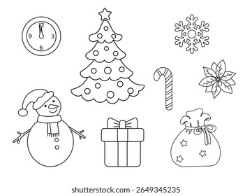 Christmas theme set isolated on a white background. Outline drawing. Christmas icon, linear illustration. Christmas tree, snowman, gift box, bag, snowflake, watch, flower.