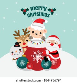 Christmas theme  Sheep wearing Santa cap hat.Vector illustration.
