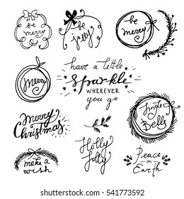 Christmas theme sketch, vector illustration. Holidays greeting sample. Hand drawn black ink objects on a white background.