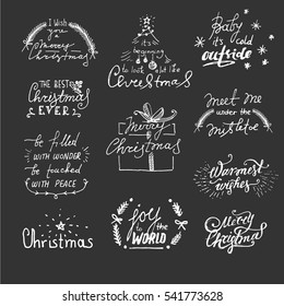 Christmas theme sketch, vector illustration. Holidays greeting sample. Hand drawn white ink objects on a black background.