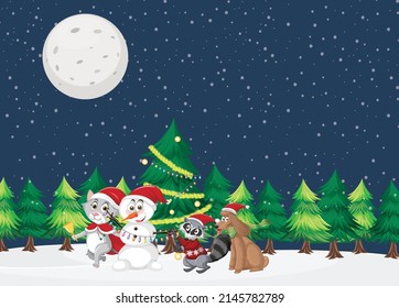 Christmas theme with Snoman and animals illustration