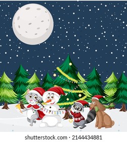 Christmas theme with snowman and animals illustration