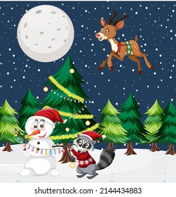 Christmas theme with snowman and animals illustration