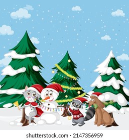 Christmas theme with snowman and animals illustration