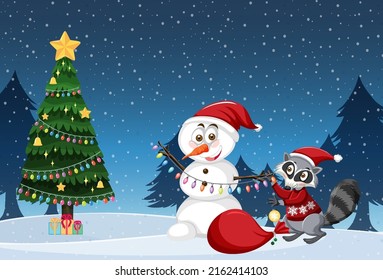 Christmas theme with snowman and chrismas tree illustration
