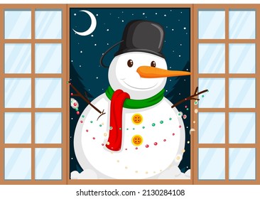 Christmas theme snowman at the door illustration