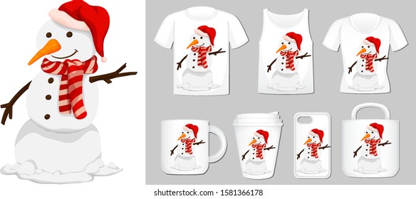 Christmas theme with snowman on many products illustration