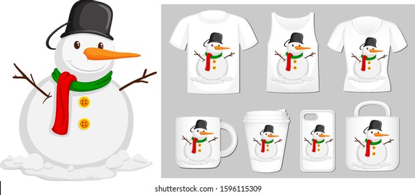 Christmas theme with snowman on product templates illustration