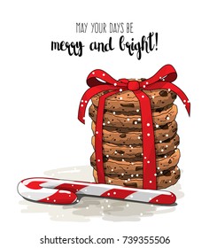 Christmas theme, stack of cookies an one candy cane, with text Let your days be nerry and bright, on white background, vector illustration, eps 10 with transparency