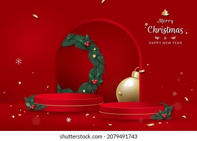 Christmas theme stage podium mock up for product placement on red banner background