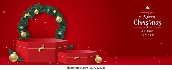 Christmas theme stage podium mock up for product placement on red banner background