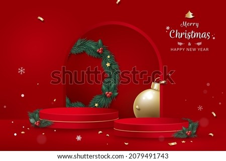 Christmas theme stage podium mock up for product placement on red banner background