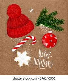 Christmas theme symbols biscuit, tree, decoration, hat, candy lettering happy holidays drawing in vintage style on craft