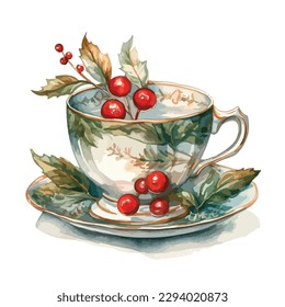 Christmas theme tea cup decoration with red berries and leaves