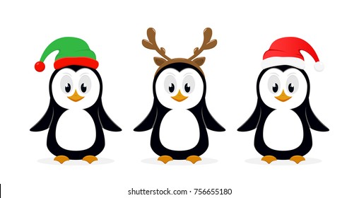 Christmas Theme. Three Little Cute Penguins With Santa Hat, Elf Hat And Reindeer Antlers Isolated On White Background, Illustration.