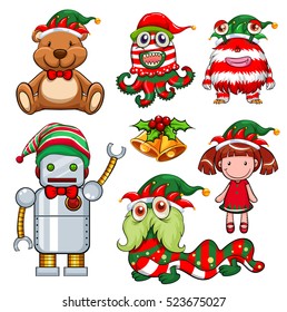 Christmas theme with toys in party hat illustration