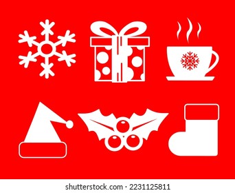 Christmas theme vector icon isolated on red background, santa hat, berries, sock, hot drink, gift, snow flake vector illustration