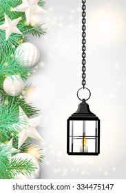 christmas theme with vintage black lantern, green needles and white baubles on white wooden background, vector illustration, eps 10 with transparency and gradient meshes
