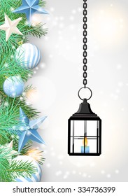 christmas theme with vintage black lantern, green needles and bue baubles on white wooden background, vector illustration, eps 10 with transparency and gradient meshes