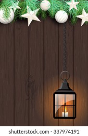 christmas theme with vintage black lantern, green needles and white baubles on dark wooden background, vector illustration, eps 10 with transparency and gradient meshes
