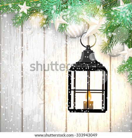 christmas theme with vintage black lantern, green needles and white baubles on white wooden background, vector illustration, eps 10 with transparency and gradient meshes