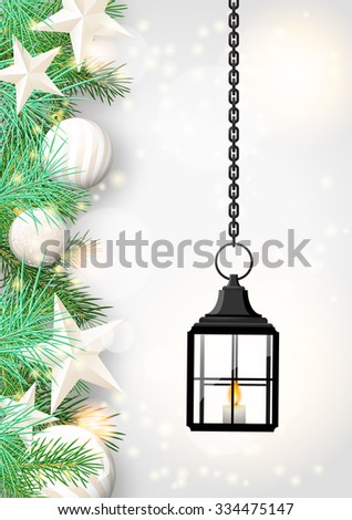 christmas theme with vintage black lantern, green needles and white baubles on white wooden background, vector illustration, eps 10 with transparency and gradient meshes