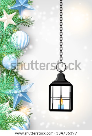 christmas theme with vintage black lantern, green needles and bue baubles on white wooden background, vector illustration, eps 10 with transparency and gradient meshes