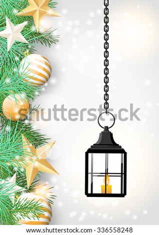 christmas theme with vintage black lantern, green needles and golden baubles on white wooden background, vector illustration, eps 10 with transparency and gradient meshes
