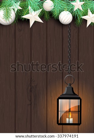 christmas theme with vintage black lantern, green needles and white baubles on dark wooden background, vector illustration, eps 10 with transparency and gradient meshes