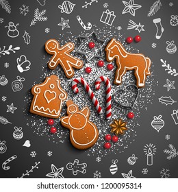 Christmas theme with white chalk doodles and gingerbread on black background, inspired by flat lay style, vector illustration, eps 10 with transparency and gradient mesh.